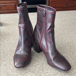 Franco Sarto Burgundy Snake Print Ankle Boots